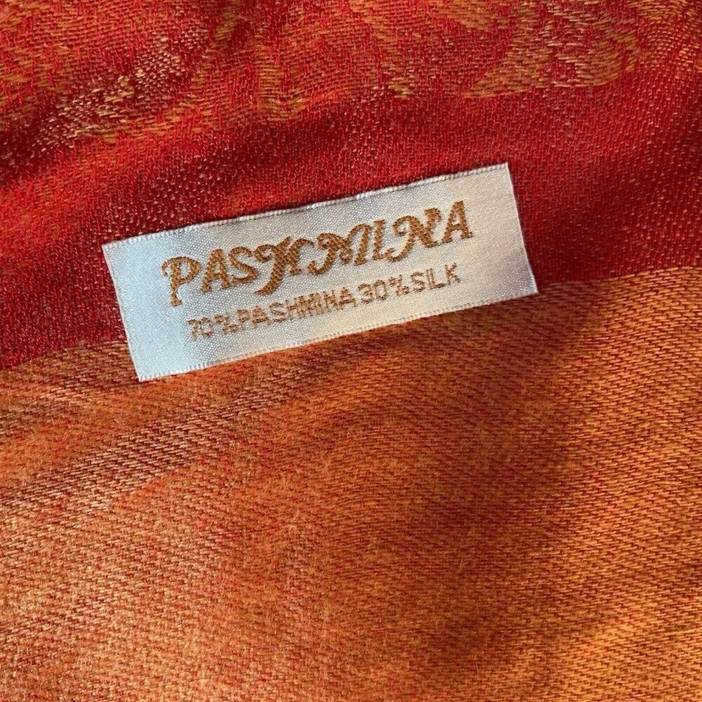 Womens Pashmina Silk Scarf Orange Red Paisley Boho Fringe Oversized Artsy